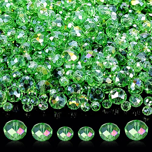 WILLBOND 600 Pcs Crystal Glass Beads for Jewelry Making Bulk Suncatcher Faceted Rondelle Loose Gemstone for Valentine's Day, Irish Holiday, Easter Bracelet DIY Crafts 8mm, 6mm, 4mm(Green) - color: Green