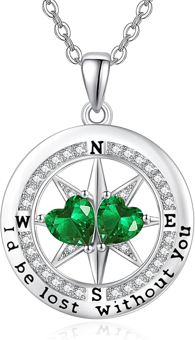 Compass Necklace for Women, Exquisite S925 Valentines Day Anniversary Birthday Gifts for Wife Her Double Birthstone Pendant Jewelry ‘I'd be Lost Without You’