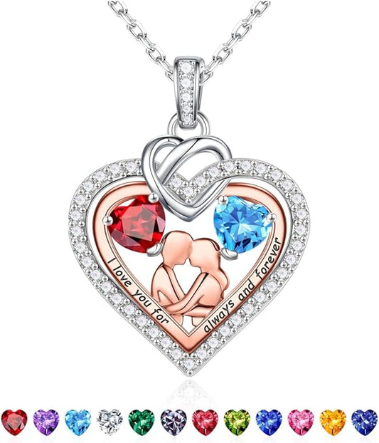 Iefil Valentines Day Gifts for Her - 925 Sterling Silver Double Heart Birthstone Necklace for Women, Anniversary Birthday Gifts for Wife I Love You Gift Couple Sitting Hugging Each Other Jewelry Gift