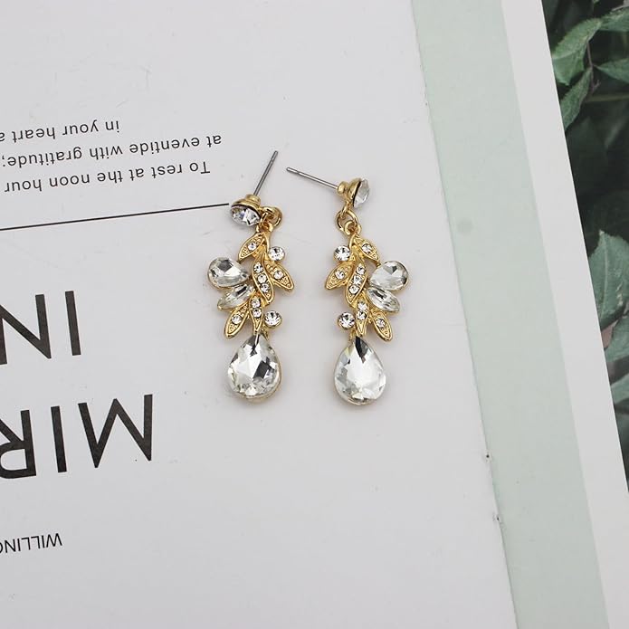 Wedding Leaf Flower Crystal Teardrop Pendant Necklace Dangle Earrings Stretch Bracelet Jewelry Set for Women Bridal Party Prom