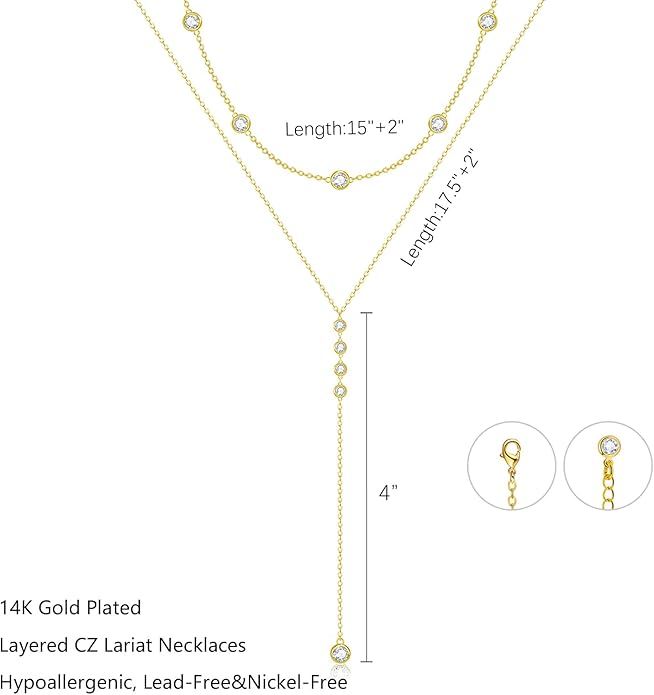 Lariat Silver/Gold Necklace for Women 925 Silver/14K Gold Plated Dainty Long Necklace Y-Shaped Drop Pendant Necklaces Choker Trendy Chain Simple Layered Necklaces CZ Jewelry for Women Set Gift