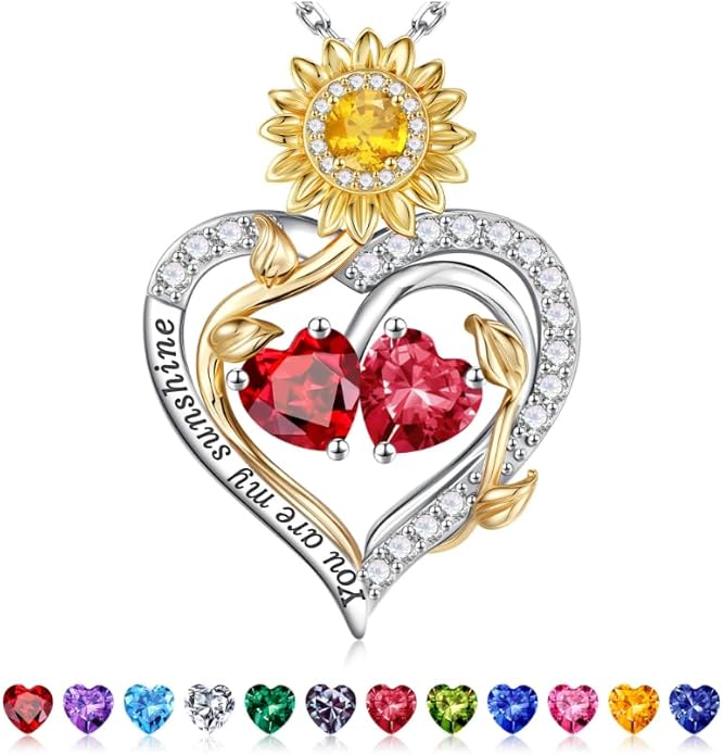 Iefil Valentines Day Gifts for Her - 925 Sterling Silver Sunflower Double Birthstone Necklace for Women, Anniversary Birthday Gifts for Wife, You Are My Sunshine Necklaces, Jewelry for Wife Mom