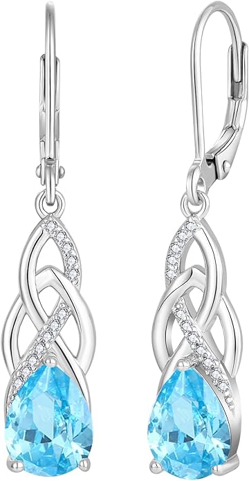 JO WISDOM Celtic Knot Infinity Jewelry Set for Women 925 Sterling Silver Aquamarine Dangle Drop Leverback Earrings March Birthstone Necklace Pendant Gemstone Jewelry