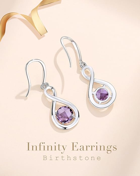 FANCIME Valentines Day Gift Dangle Drop Earrings 925 Sterling Silver Dainty Infinity Round Gemstone Birthstone Jewelry Birthday Gifts for Her Women