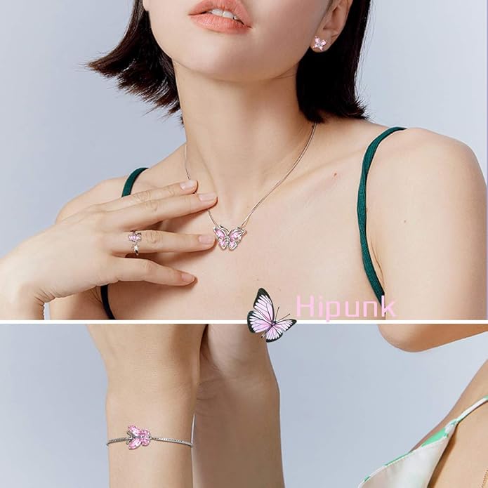 925 Sterling Silver Birthstone Butterfly Jewelry Women Crystal Animal Cute Butterflies Birthday Necklace/Earring/Ring/Bracelet Sets Birth Stone Statement Anniversary Jewellery