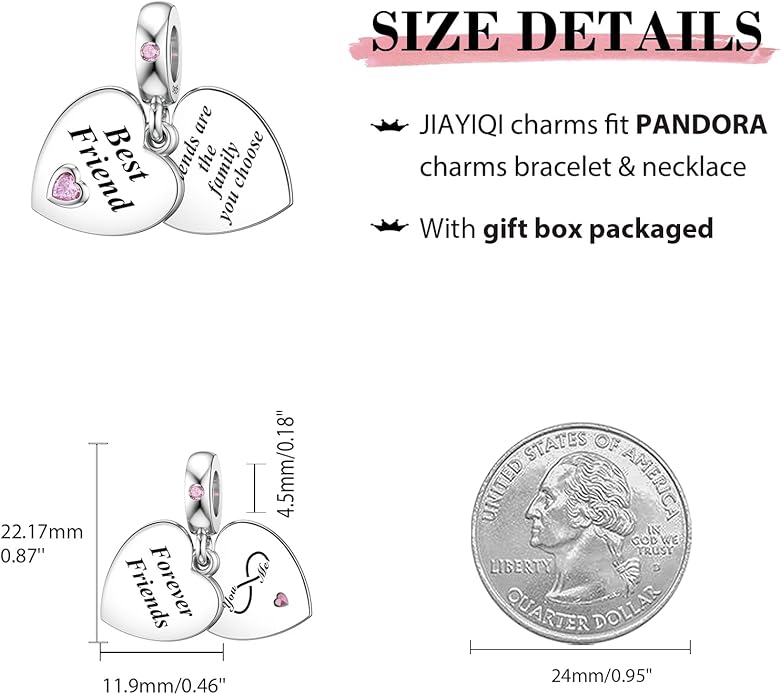 JIAYIQI Mother Sister Daughter Wife Charms Fit Charms Bracelet Necklace with Double Heart Love Charms 925 Sterling Silver Beads for Women Jewelry