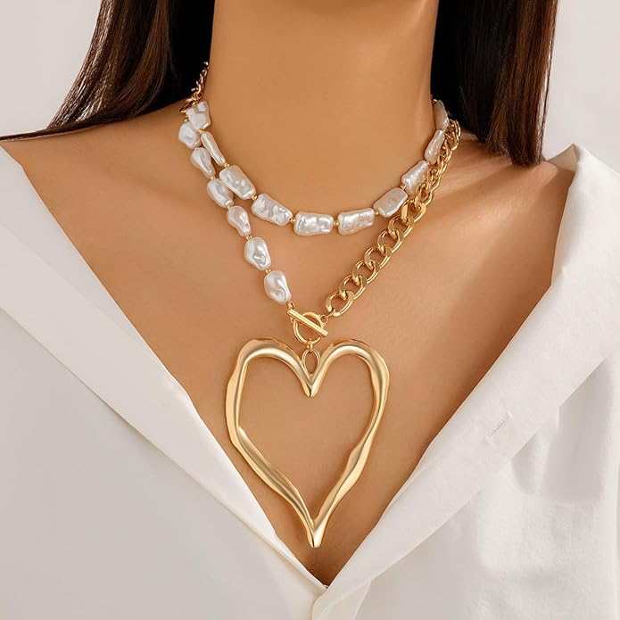 Y2k Large Heart Necklaces for Women Chunky Big Heart Pendant Necklace Exaggerated Layered Love Pearl Choker Necklace Set Dainty Statement Jewelry Gift