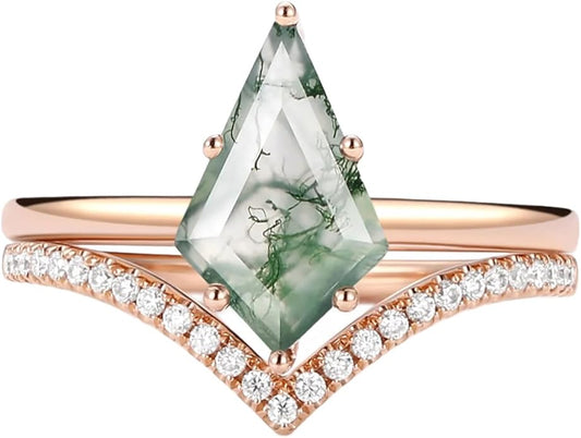 Natural Moss Agate Bridal Ring Set for Women 1CT Kite-cut Moss Agate Engagement Ring Set 925 Sterling Silver 10K 14K 18K Gold Classic Wedding Ring Set
