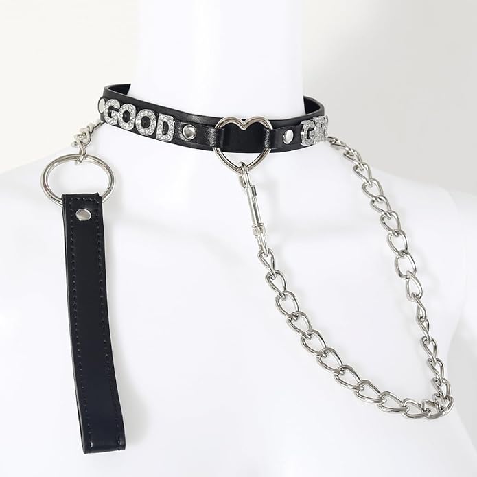 Succuba Handmade Heart Ring Rhinestone Letter Pu Leather Choker Collar Necklace for Women and Men