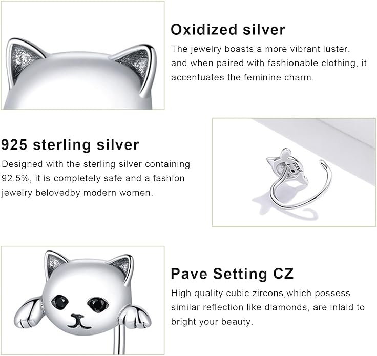 S925 Sterling Silver Stud Earrings for Women, Animal Cat & Dog Studs and Minimal Teardrop Ear Climber, Hypoallergenic Earrings for Sensitive Ears, Gift Box Included