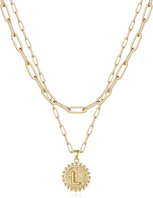Yoosteel Valentines Gifts for Women Her - Gold Layered Initial Necklaces for Women 14K Gold Plated Dainty Layering Paperclip Link Chain Necklace Coin Initial Necklace Birthday Gifts for Teen Girls