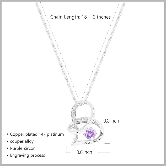 Enduring Hearts Purple Zircon Necklace for Women - 14K Gold Plated Copper Infinity Pendant, Dainty Everyday Jewelry