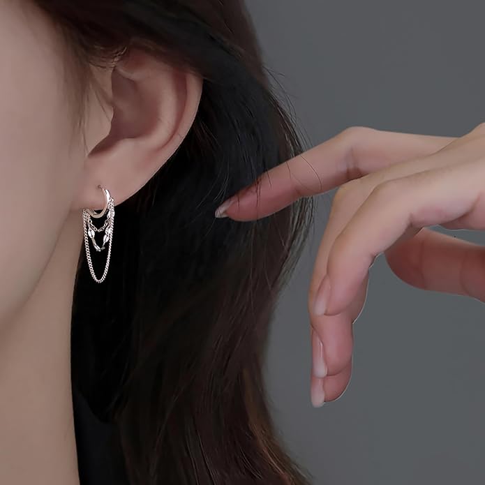 Reffeer Solid 925 Sterling Silver Chain Drop Earrings Hoop for Women Teens Hoop Earrings Tassel Chain Huggie Dangle Earrings