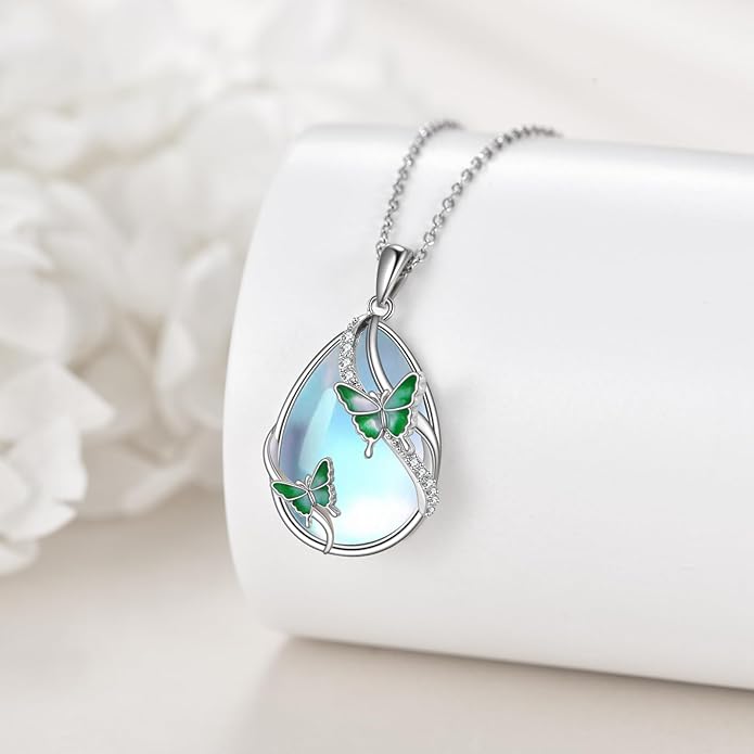 KQF Dragonfly/Butterlfy/Cat/Jellyfish/Bunny/Axolotl/Bee/Mermaid/Hummingbird/Elephant Necklace for Women Sterling Silver Moonstone Pendant Necklace Dragonfly Jewelry Gifts for Women