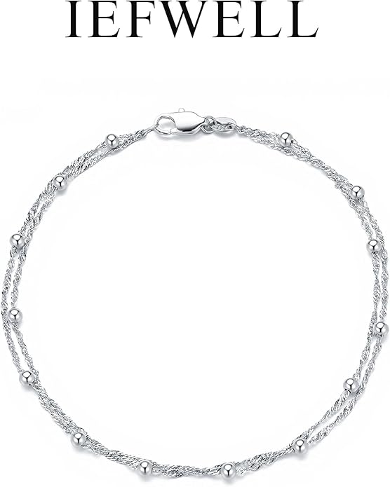 IEFWELL S925 Sterling Silver Bracelet for Women - 1.5mm Singapore Chain Bracelet, Dainty Double Strand Satellite Bead Bracelets, 6.5/7/7.5/8/8.5/9 Inches Jewelry Gifts for Women Her