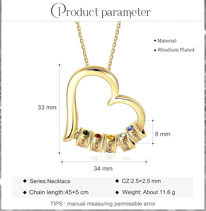 Personalized Women's Pendant Necklace 925 Sterling Silver with 1-5 Simulated Birthstone Names Customized Heart Shape Cubic Zirconia Necklace