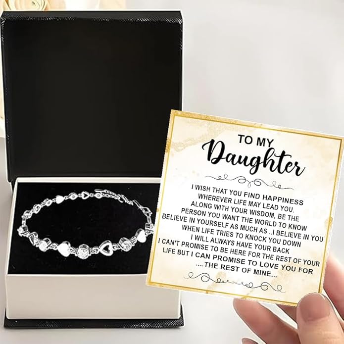 To My Daughter Bracelet, Silver Heart Chain Bracelet with Shiny Stones, Perfect Birthday or Graduation Christmas Gift for Daughter with Message Card Gift Box