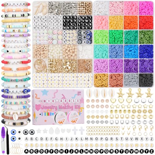Mio Angle Clay Beads 2 Boxes 24 Colors Bracelet Making Kit, Round Letter Beads with Charm and Elastic Strings, Friendship Bracelets Holiday Gifts for Girls Adults - color: 24 Colors 2 BOX