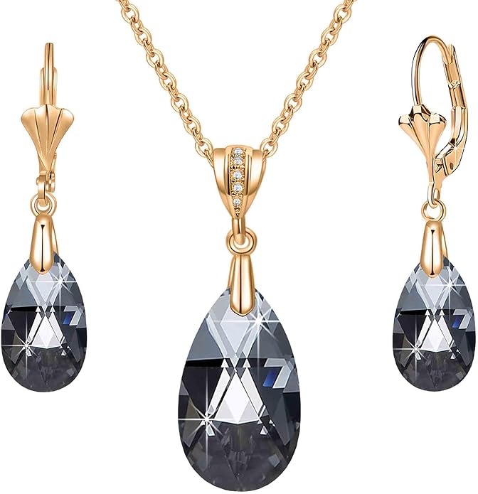 EVEVIC Austrian Crystals Teardrop Pendant Necklace Earrings for Women 14K Gold Plated Hypoallergenic Leverback Drop Dangle Earrings Jewelry Set