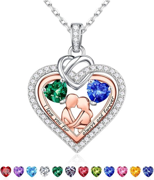 Iefil Valentines Day Gifts for Her - 925 Sterling Silver Double Heart Birthstone Necklace for Women, Anniversary Birthday Gifts for Wife I Love You Gift Couple Sitting Hugging Each Other Jewelry Gift
