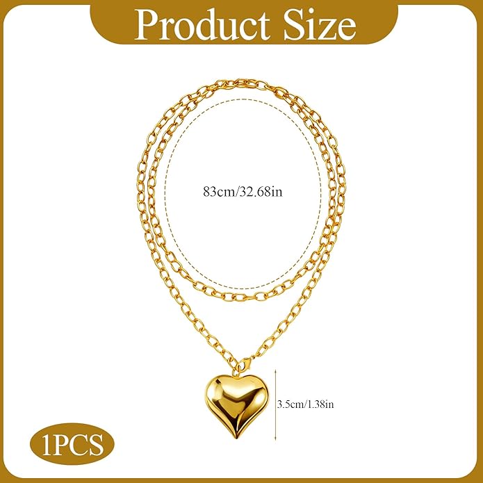 16k Gold Plated Chunky Statement Necklace for Women, Bold Thick Layered Puffy Heart Design, Long Gold Jewelry, Trendy Women's Fashion Necklace
