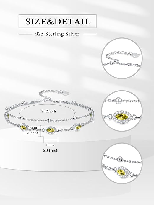 Evil Eye Birthstone Charm Link Bracelet 925 Sterling Silver Evil Eye Bracelet with 12 Months Birthstone Birthday Jewelry Gifts for Women Mom Her,Chain Length 7"+2" Extend