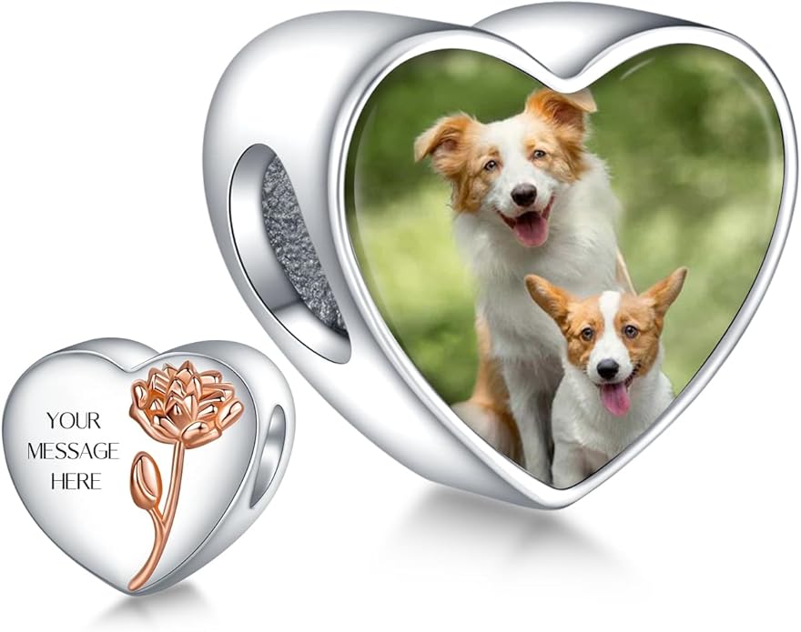 Annmors Personalized Photo Charm for Bracelet Necklaces,925 Sterling Silver Charm Love Heart Shaped Engraved Customize Picture Gift for Birthday Mother's Day Christmas,Bead Charms Jewelry for Women