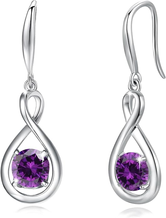 FANCIME Valentines Day Gift Dangle Drop Earrings 925 Sterling Silver Dainty Infinity Round Gemstone Birthstone Jewelry Birthday Gifts for Her Women