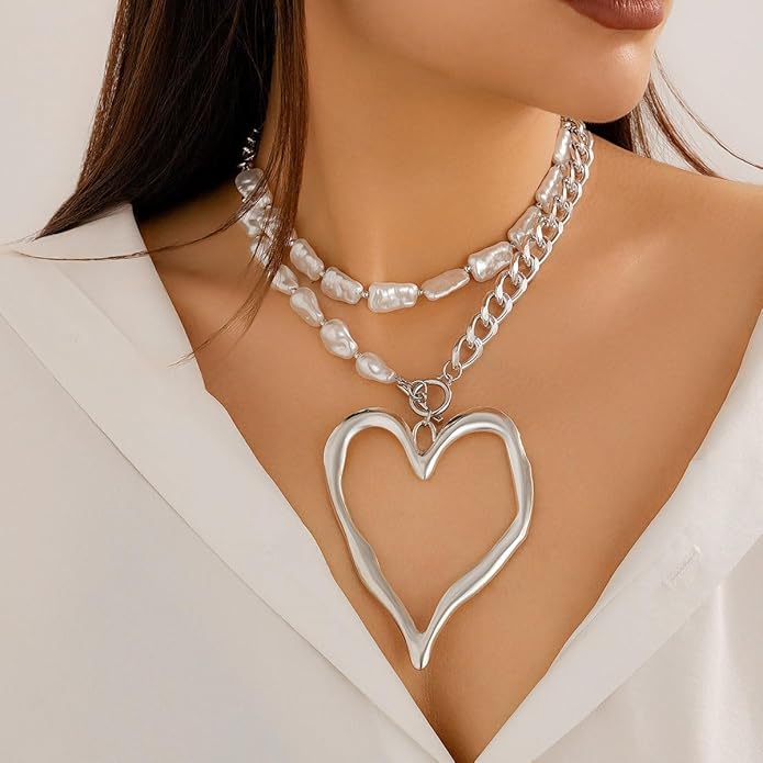 Chunky Gold Necklace Big Heart Necklace for Women Silver Large Statement Necklaces Thick Bold Chain Puffy Love Heart Charm Necklaces for Women with OT Toggle Silver Chunky Gold Jewelry Trendy Valentine's Day Gift