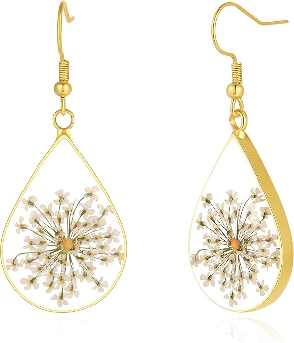 Forget-Me-Not and Queen Anne's Lace Pressed Wildflower Earrings | Pressed Flower Earrings | Handmade Drop and Dangle Earrings | Gift for Woman