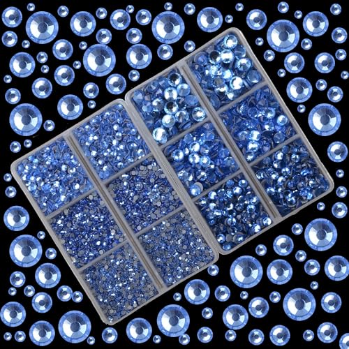 10000Pcs 2-Boxes Mixed Size Hot Fix Round Crystals Gems Glass Stones Hotfix Flat Back Rhinestones with Tweezers and Picking Pencil (Light Blue) - color: Light Blue, size: 2-Box (10000pcs)