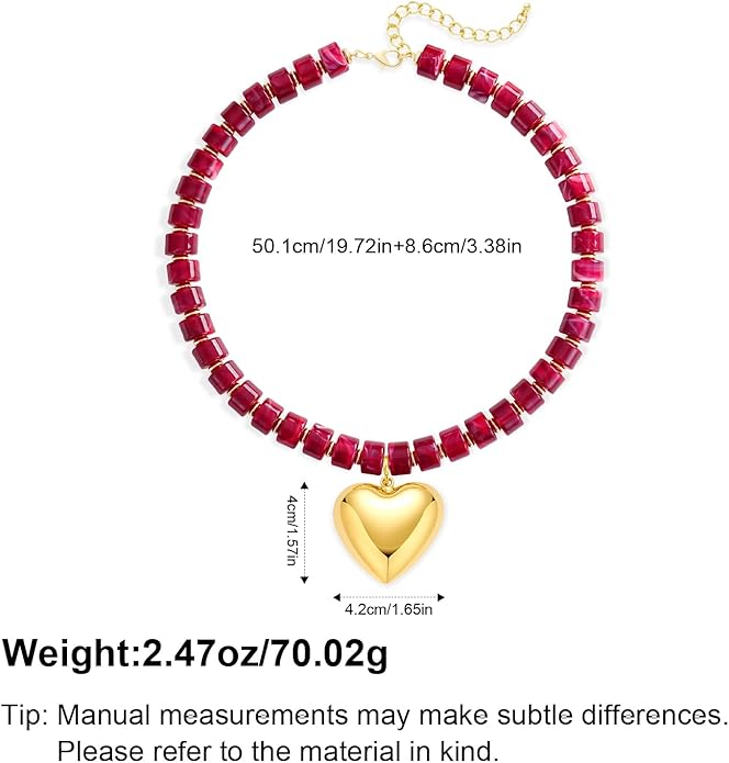 Boho Chunky Heart Necklace for Women - Resin Beaded Choker with Gold Pendant, Summer Beach Vacation Jewelry, Trendy Surfer Y2K Statement Necklace Gifts for Her