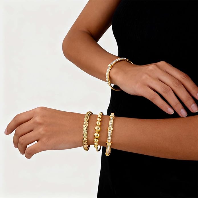 Gold Bracelets for Women, Gold Plated Chunky Cuff Matching Bracelets for Women Stack Adjustable Jewelry Sets for Gifts