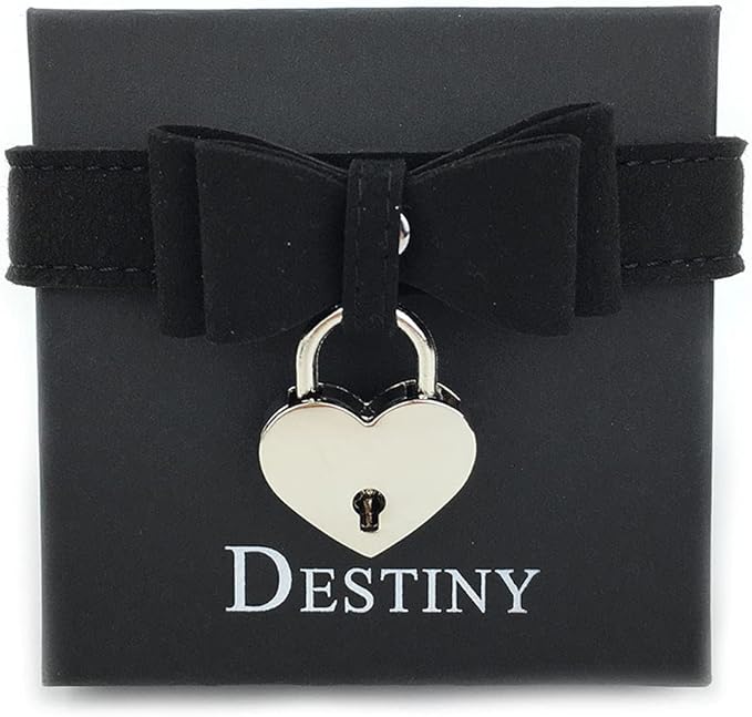 Destiny Love Bell Padlock Choker Collar Necklace Lolita Bow Collar Cat Kitty Velvet Necklace with Heart Lock and Key with Box for Women and Men