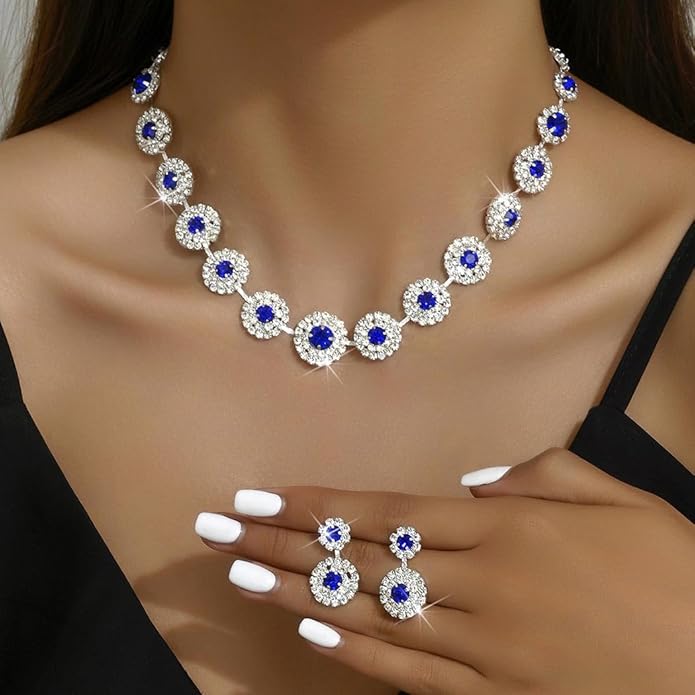 Unicra Bridal Wedding Jewelry Set Silver Rhinestone Necklace Earrings Sets Formal Costume Jewelry for Women and Brides