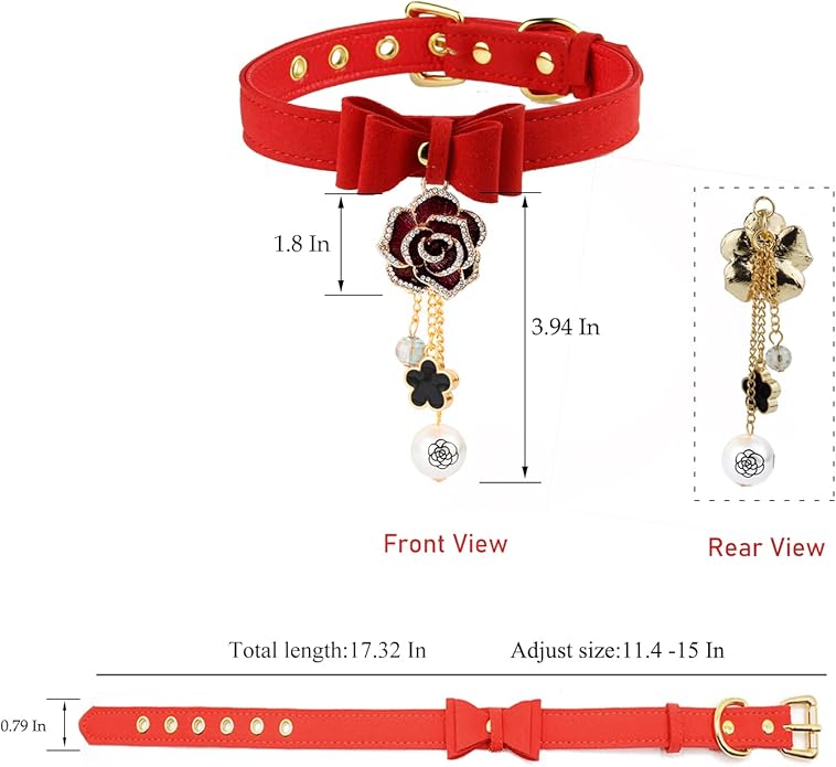 Leather Collar Necklace for Women with Bow Bell Kitty Cat and Delicate Tea flower pearl pendant Choker for Ladies Black Pink Red