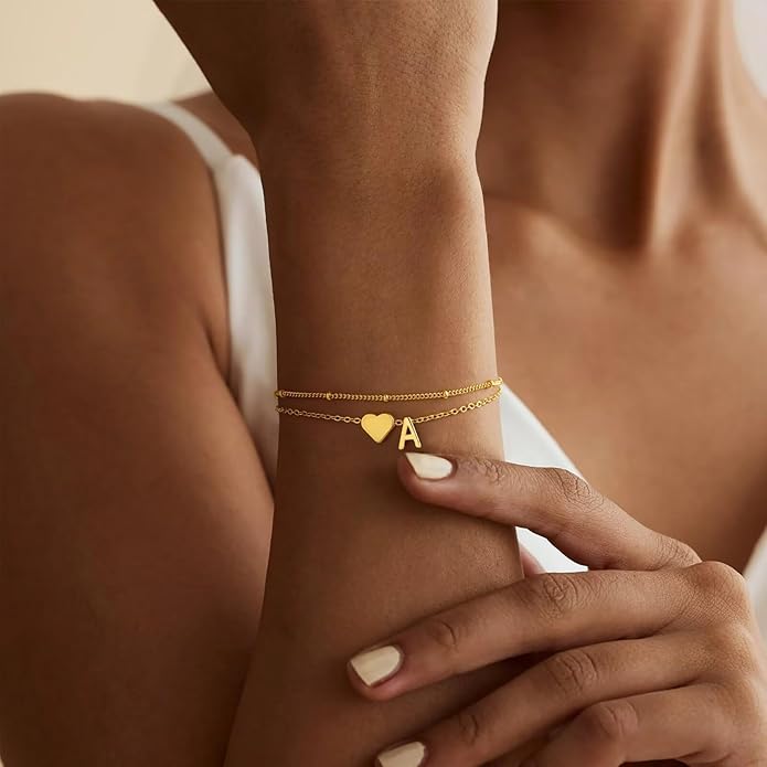 M MOOHAM Valentines Day Gifts for Kids Teen Girls -14K-Gold-Plated Heart Initial A-Z Bracelets for Women Girl Dainty Gold Bracelets Birthday Valentines Gifts for Women Her Teenage Girls Kid Teen Gift