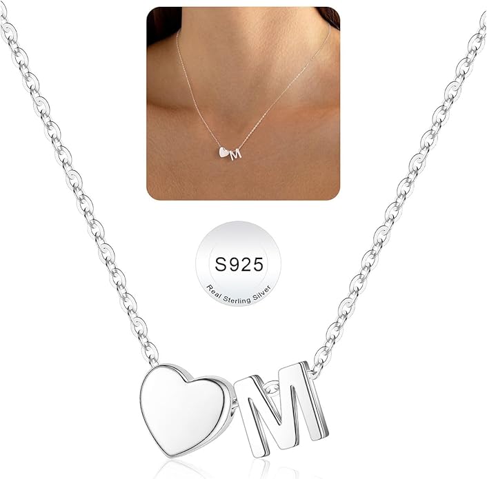 Turandoss Valentines Gifts for Her Kids Girls, Dainty S925 Sterling Silver Tiny Heart Letter A-Z Pendent Necklace Trendy Birthday Valentines Jewelry Gifts for Girls Women