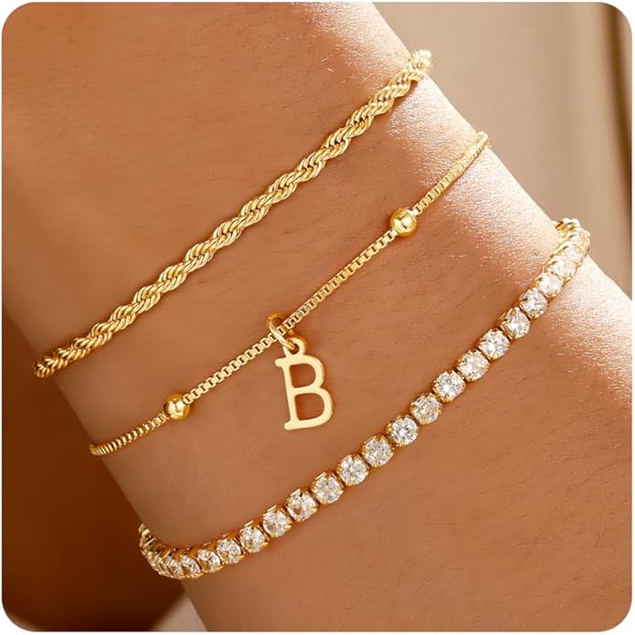 Valentines Day Gifts for Her Kids - Dainty Gold Bracelets for Women Personalized Gold/Silver Initial Bracelet Stack Stackable Rope Box Chain Tennis Bracelets for Girls Jewelry Set