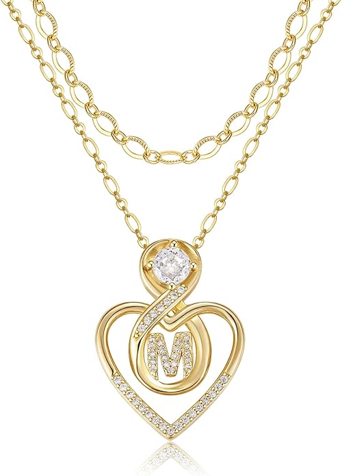Heart Letter Necklaces for Women 14K Gold Plated Cubic Zirconia Heart Initial Layered Necklace Infinity Pendant Necklace Letter Initial Jewelry for Women