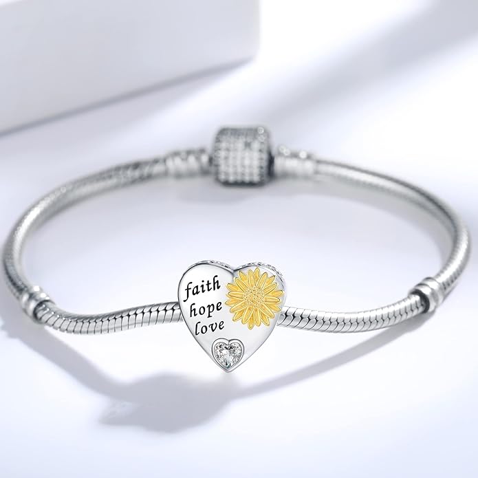 925 Sterling Silver Sunflower Charms Fit Pandora Charms Bracelet Forever In My Heart Fit Wife Mother's Day Christmas Birthday Gift
