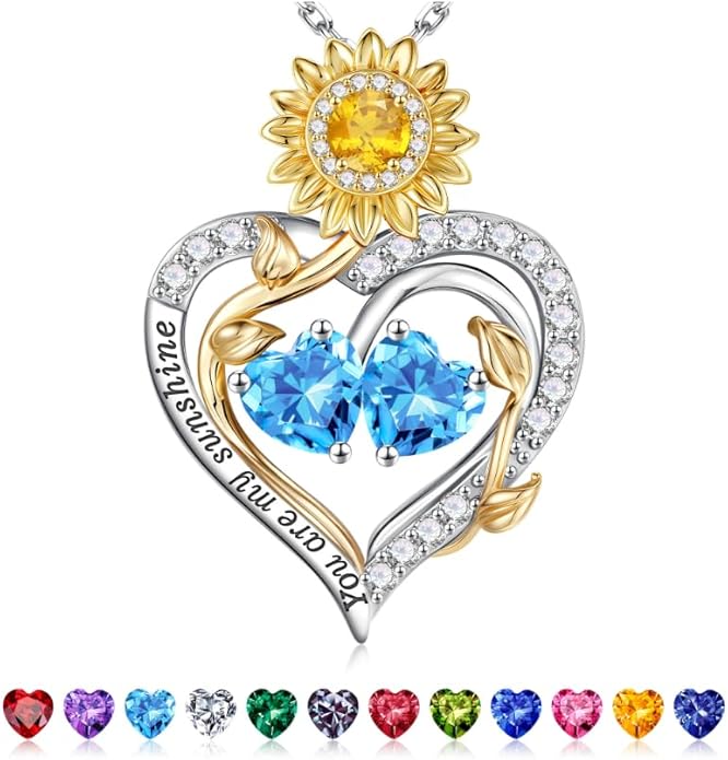 Iefil Valentines Day Gifts for Her - 925 Sterling Silver Sunflower Double Birthstone Necklace for Women, Anniversary Birthday Gifts for Wife, You Are My Sunshine Necklaces, Jewelry for Wife Mom