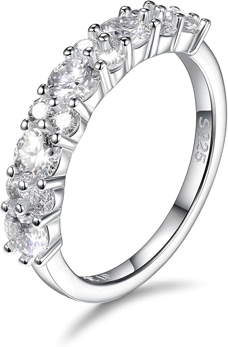 D Color VVS1 Clarity Moissanite Hand Setting Eternity Rings for Women, Solid 925 Sterling Silver Rhodium Finish, Stackable Ring, Wedding Birthday Valentines Anniversary Mothers Day Ideal Gift for Her