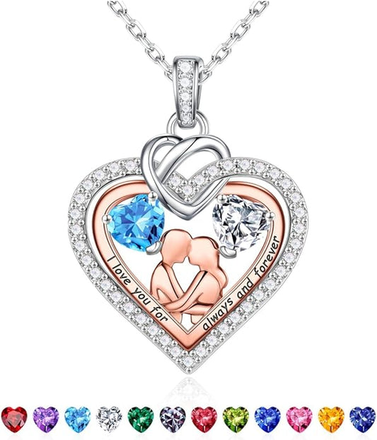 Iefil Valentines Day Gifts for Her - 925 Sterling Silver Double Heart Birthstone Necklace for Women, Anniversary Birthday Gifts for Wife I Love You Gift Couple Sitting Hugging Each Other Jewelry Gift