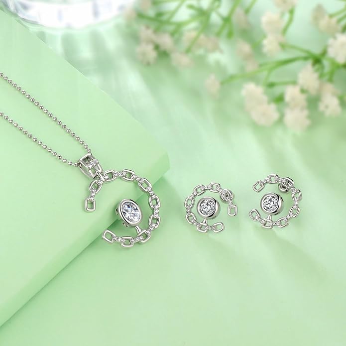 Elegant C-Shaped Crystal Necklaces/Stud Earrings Set with Birthstone Jewelry Set Silver Plated Fashion Jewelry for Women CS0003