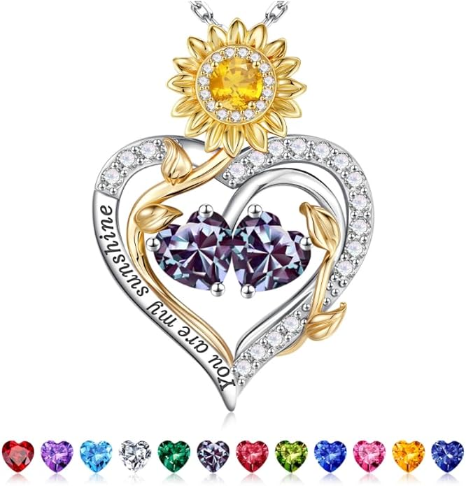 Iefil Valentines Day Gifts for Her - 925 Sterling Silver Sunflower Double Birthstone Necklace for Women, Anniversary Birthday Gifts for Wife, You Are My Sunshine Necklaces, Jewelry for Wife Mom