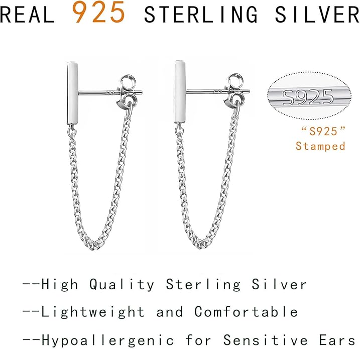 Reffeer Solid 925 Sterling Silver Stud Earrings Minimalist Bar Earrings with Chain Dangle Earrings For Women