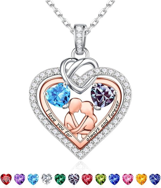Iefil Valentines Day Gifts for Her - 925 Sterling Silver Double Heart Birthstone Necklace for Women, Anniversary Birthday Gifts for Wife I Love You Gift Couple Sitting Hugging Each Other Jewelry Gift