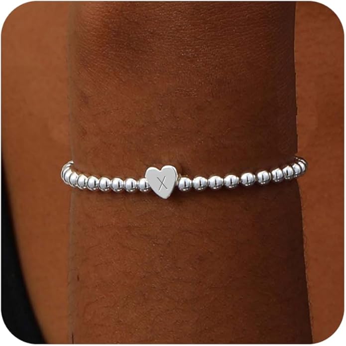 Valentines Day Gifts for Women Her - Dainty Beaded Heart Initial Bracelets Letter A-Z Charm Stretch Bead Ball Bracelet Trendy Jewelry Gifts