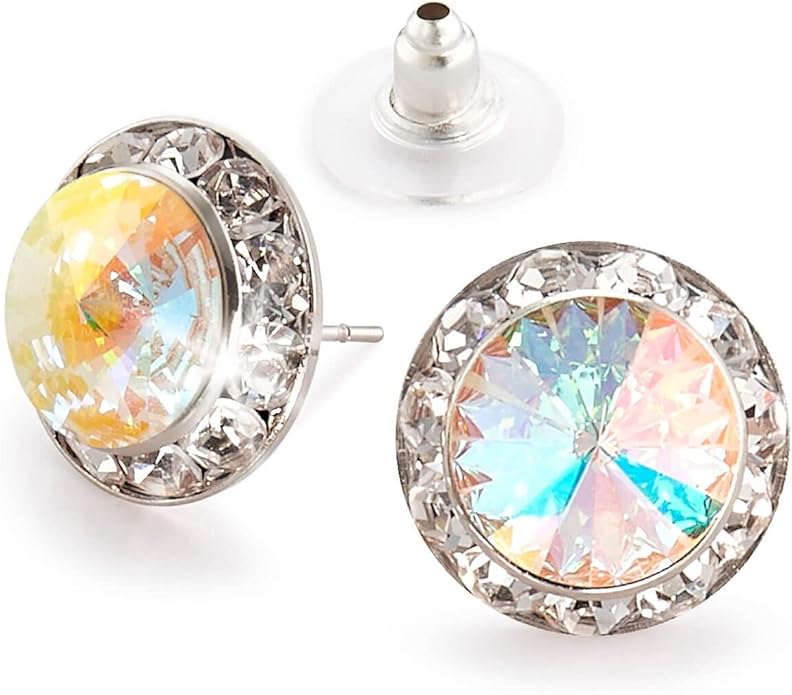| Crystal Clear and Crystal AB Rhinestone Clip On or Pierced Earrings for Dance, Pageant, Prom, Performance, Wedding